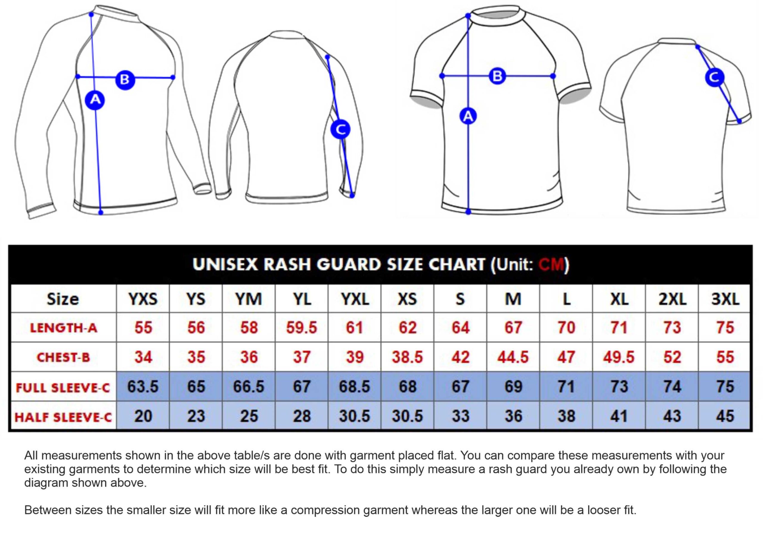 Unisex Rash guards Size chart